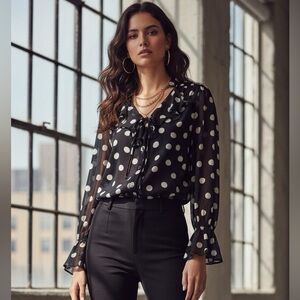 Black Sheer Polka Dot Flowy Long Sleeve Blouse, button front ruffle placket